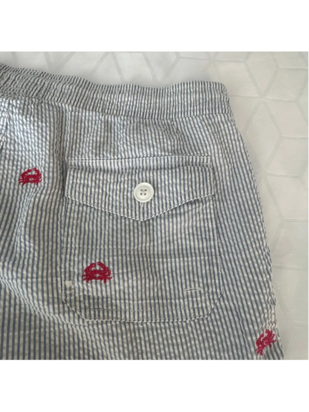 J.Crew Seersucker Crab Print Swim Trunks Men Large Blue White Lined Beach Short